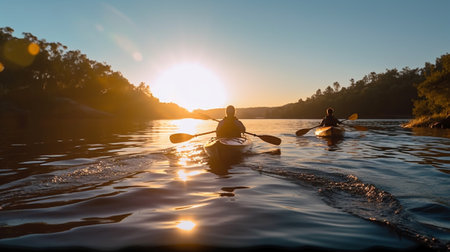 Meeting sunset on river Rear view of people kayaking on river together with sunset in the background : Generative AIの素材
