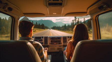 Rear view of beautiful young couple enjoying road trip together while sitting on front seats of minivan : Generative AIの素材