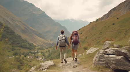 Life is awesome Rear view of young playful couple running while spending carefree time on the valley in mountains : Generative AIの素材
