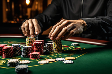 Poker player Closeup of serious senior man in shirt and suspenders sitting at the poker table and holding cards with money and gambling chips laying all around him : Generative AIの素材