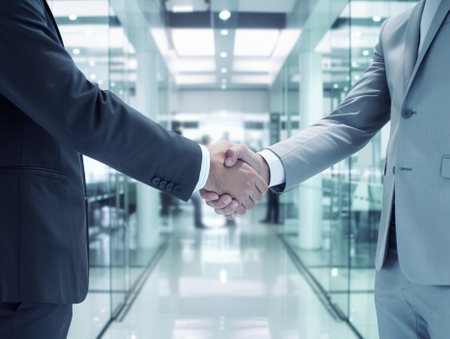 Modern businessmen shaking hands while working together with their team in the office : Generative AIの素材