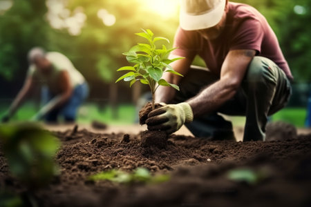 Planting new life Confident young man planting a tree while working in the garden : Generative AIの素材