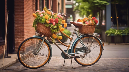Summer bike Picture of vintage bicycle with balloons and flowers in basket : Generative AIの素材