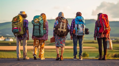 Just friends and road ahead Group of young people with backpacks walking together and looking happy : Generative AIの素材