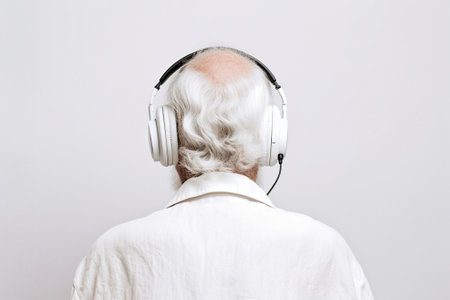 Music for all ages Portrait of senior man in headphones listening to music and smiling while standing against white background : Generative AIの素材