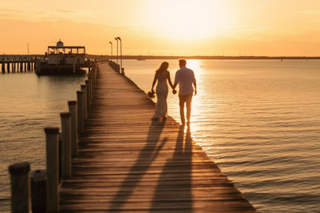 Joy of being in love Beautiful young couples spending carefree time while standing on the pier : Generative AIの素材