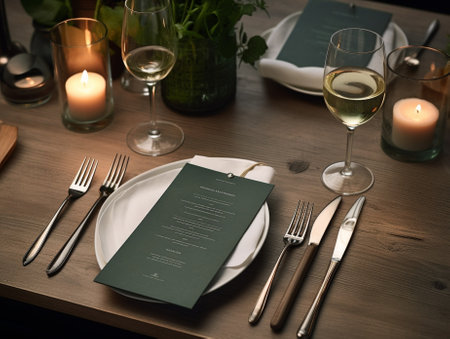 Seat is reserved High angle shot of empty plate fork spoon knife and closed menu lying on rustic table : Generative AIの素材
