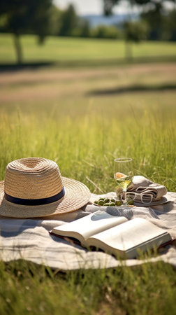 Perfect picnic Closeup top view of wicker basket with apples book hat and denim jacket lying on the grass outdoors : Generative AIの素材