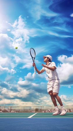 Ready to serve Low angle view of handsome young man in polo shirt holding tennis racket and ball while standing against blue sky : Generative AIの素材