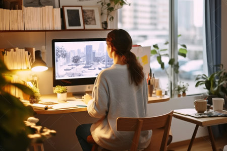 Planning another step Beautiful young woman working using computer while sitting in home office : Generative AIの素材