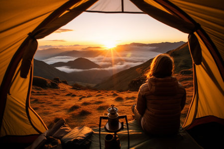 Panoramic view Woman enjoying the view of mountain range from the tent while her boyfriend resting near the campfire : Generative AIの素材