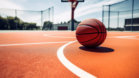 Waiting for players Shot of basketball ball lying on the empty basketball playground outdoors : Generative AIの素材