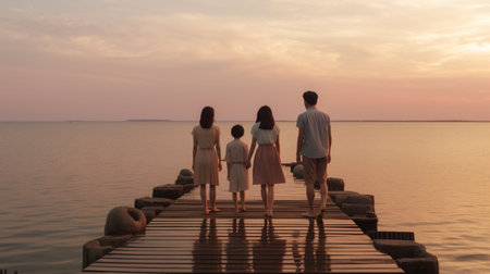 This one goes in frame Beautiful young couples spending carefree time while standing on the pier : Generative AIの素材