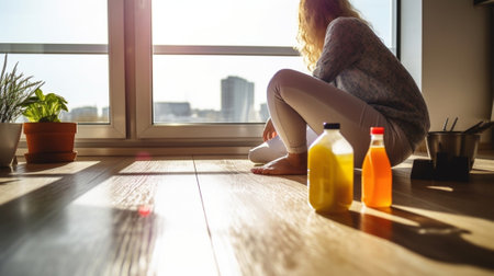 Woman leaning at the bucket with cleaning products while sitting on the kitchen floor : Generative AIの素材
