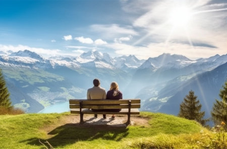 They found love Young modern couple bonding while sitting on the bench in mountains : Generative AIの素材