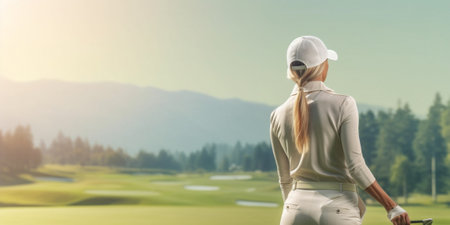 I love golfing Rear view of young happy golfer carrying golf bag with drivers and looking over shoulder while standing on golf course : Generative AIの素材
