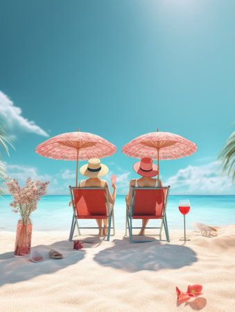 Young romantic couple enjoying refreshing cocktails while relaxing on the beach together : Generative AIの素材