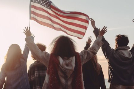 Young and free Rear view of four young people carrying american flag while running outdoors : Generative AIの素材