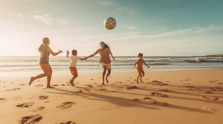 What a game Group of cheerful young people playing with soccer ball on the beach : Generative AIの素材
