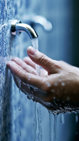Wasshing hands Closeup of man washing hands in bathroom : Generative AIの素材