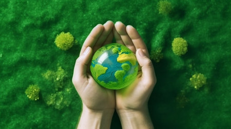 Live green Top view closeup image of man holding hands on his notebook with text and recycle symbol at moss background : Generative AIの素材