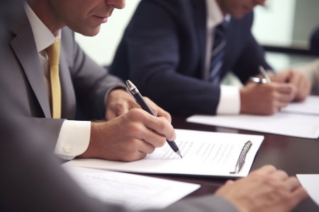 Interesting facts Group of business people in formalwear sitting at the chairs in conference hall and writing something gin their note pads : Generative AIの素材