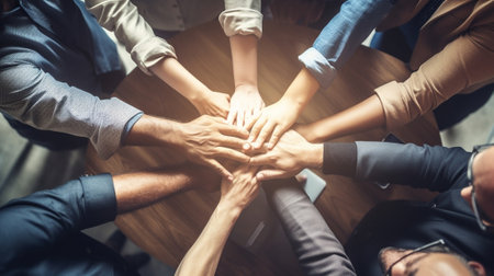 Victory Top view of young modern people in smart casual wear holding hands on top of one another in a symbol of unity while working in the creative office : Generative AIの素材