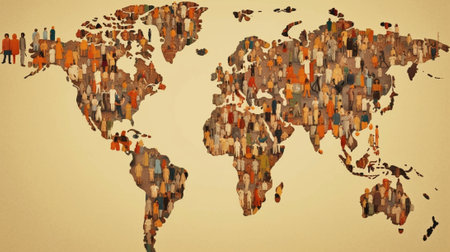 World population Closeup image of brick world map with photographs of different people : Generative AIの素材