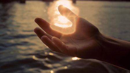 Holding sun in hands Closeup of sun formed from plastic letters in hands of a child and in front of the sky : Generative AIの素材