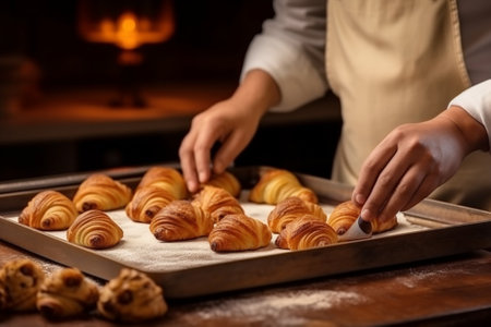 Making croissants perfect Closeup of baker in apron adding sugar to the pastry : Generative AIの素材