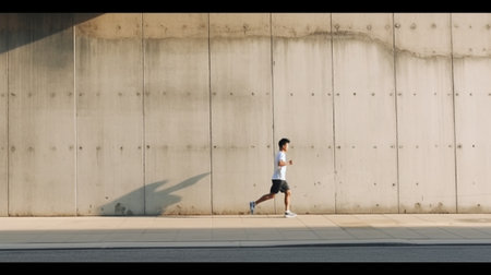 Hurrying to be first Full length of young photographer running against a concrete wall : Generative AIの素材