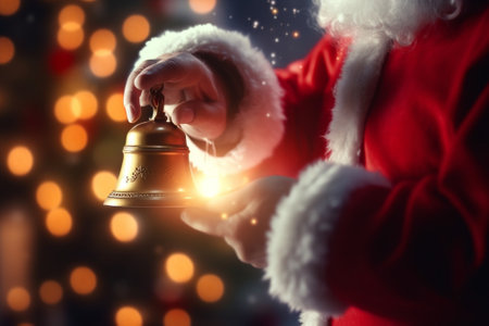 Jingle bells Closeup of Santa Claus holding metal bell in his hand and against grey background : Generative AIの素材