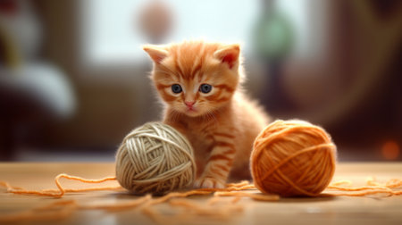 Playing with wool Cute little Scottish fold kitten playing with tangled wool : Generative AIの素材