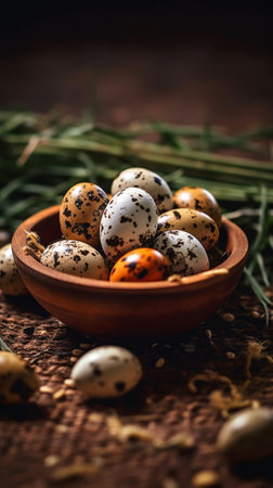 Organic Easter Top view of quail eggs lying in bowl with hay with Easter label on wooden rustic table : Generative AIの素材
