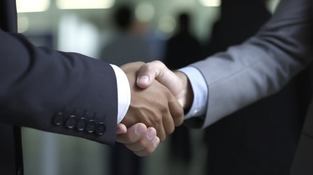 Making business Closeup part of two men shaking hands while sitting on the couch at office with their beautiful coworker : Generative AIの素材