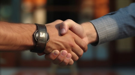 Sealing a deal Closeup top view image of two men shaking hands over the rustic wooden table : Generative AIの素材