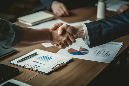 Sealing a deal Business people shaking hands while sitting at the desk in office : Generative AIの素材