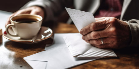 Opening envelope Closeup top view of male hands opening envelope over wooden desk with different chancellery stuff laying on it : Generative AIの素材