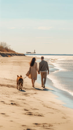 Love is in the air Full length of beautiful young couple looking at each other and smiling while walking with their dog the river shore : Generative AIの素材