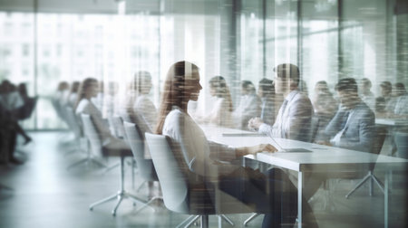 Successful professionals Group of business people using computers and communicating while working behind the glass wall in the creative office : Generative AI