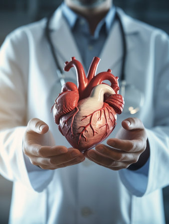 Taking good care of your heart Closeup of doctor holding heart shape toy while sitting at his working place : Generative AIの素材