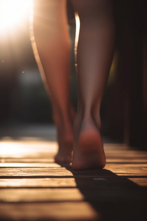 Taking care of her feet Closeup of young woman touching her feet while standing on hardwood floor : Generative AIの素材