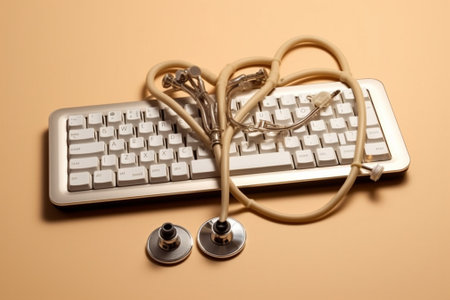 Salvation of computer Top view of keyboard and stethoscope laying on the wooden grain : Generative AIの素材
