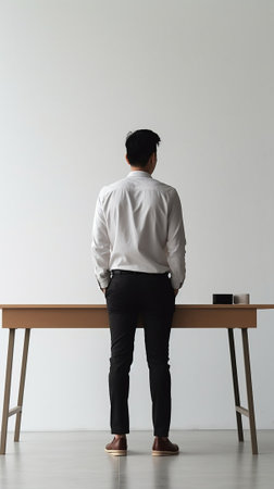 Searching for best answer Thoughtful young man in smart casual wear keeping hand in pocket and looking away while leaning on the office desk : Generative AIの素材