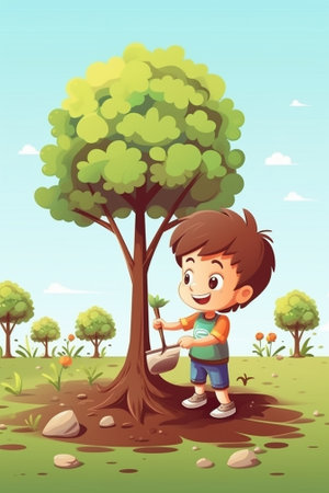 This tree will grow with you Playful little boy helping his father to plant the tree while working together in the garden : Generative AIの素材