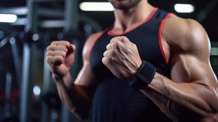 Unrecognizable muscular man wearing sport gloves while standing in gym : Generative AIの素材