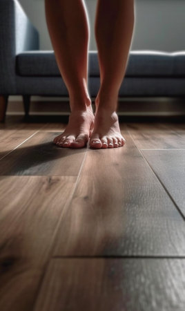 Warm floor concept Closeup of female legs stepping by hardwood floor at home : Generative AIの素材