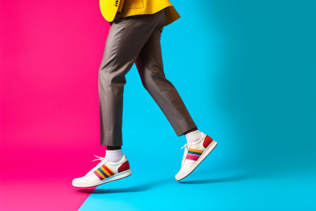 Watch your step Handsome young African man slipping against colorful background : Generative AIの素材