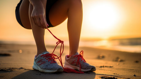 Tying shoelaces for good running Closeup of man tying shoelaces on sports shoe while sitting on the beach : Generative AIの素材