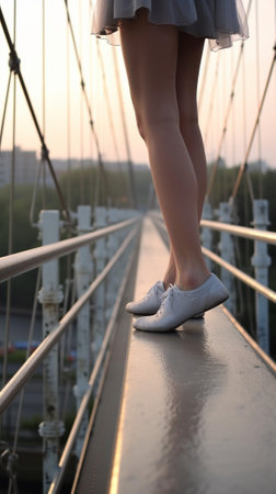 Tying shoelaces Closeup of young woman in sports clothing tying her shoelaces while standing on the bridge with evening sunlight and urban view in the background : Generative AIの素材